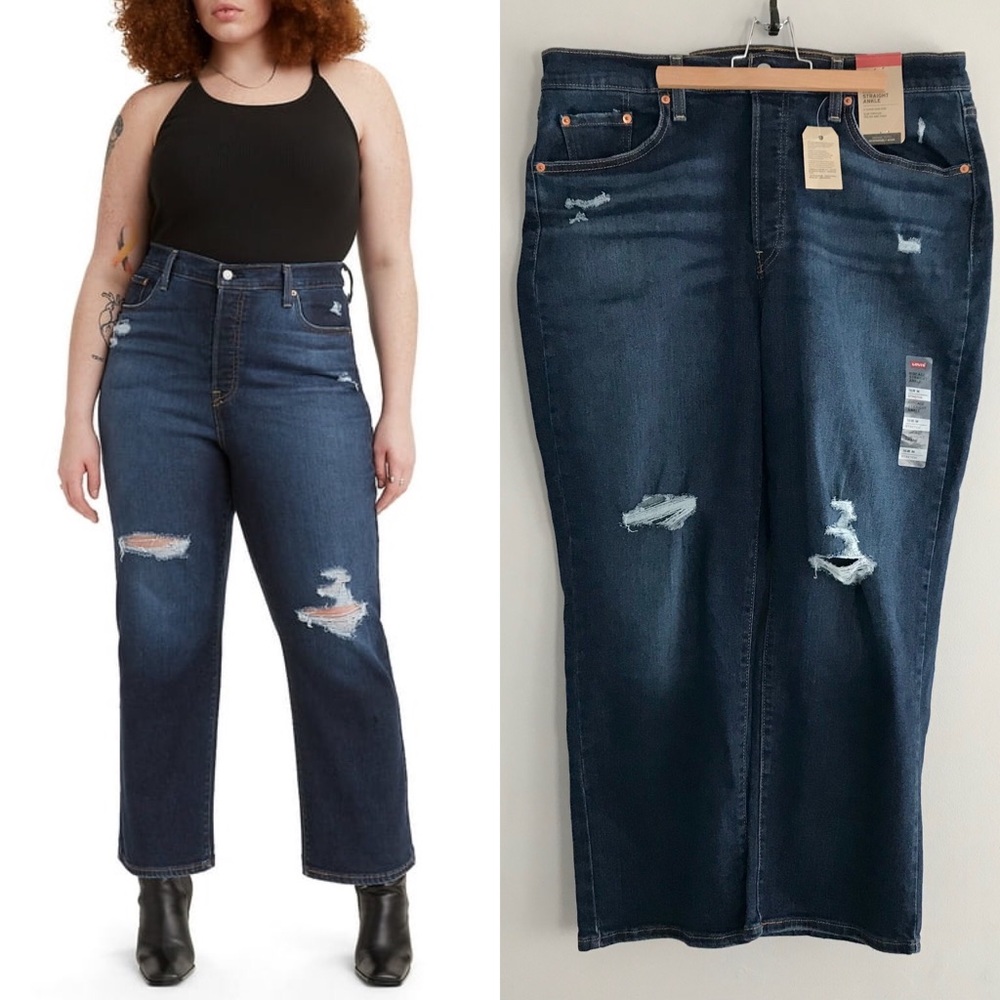 New! Levi’s Ribcage Straight Ankle Distressed Dark Wash Jeans, Plus Size 16W